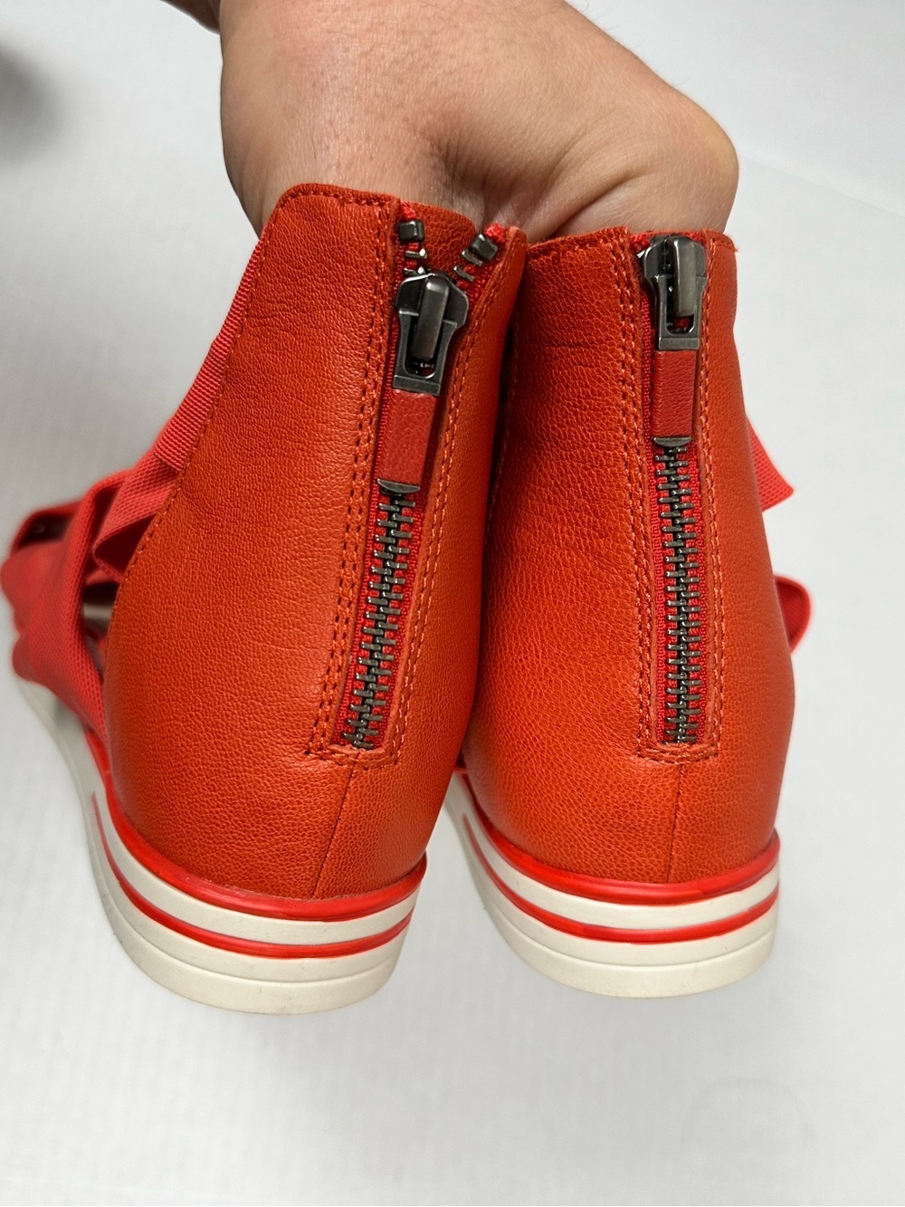 Eileen Fisher Zanya Wedge Sandal Leather Stretch Mesh Strap Red Orange Size 8.0 - Picture 8 of 13